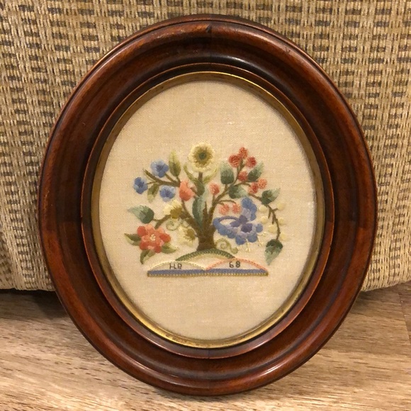 Vintage Other - Vintage 1960s floral tree of life crewel wooden gold accent frame wall art